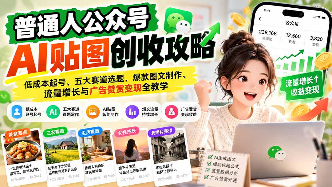 普通人公众号AI贴图创收攻略：低成本起号、五大赛道选题、爆款图文制作、流量增长与广告赞赏变现全教学-程拾网络