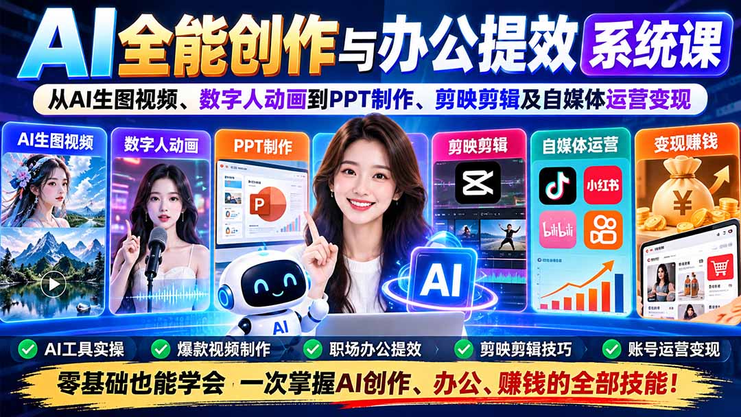 AI全能创作与办公提效系统课：从AI生图视频、数字人动画到PPT制作、剪映剪辑及自媒体运营变现-程拾网络