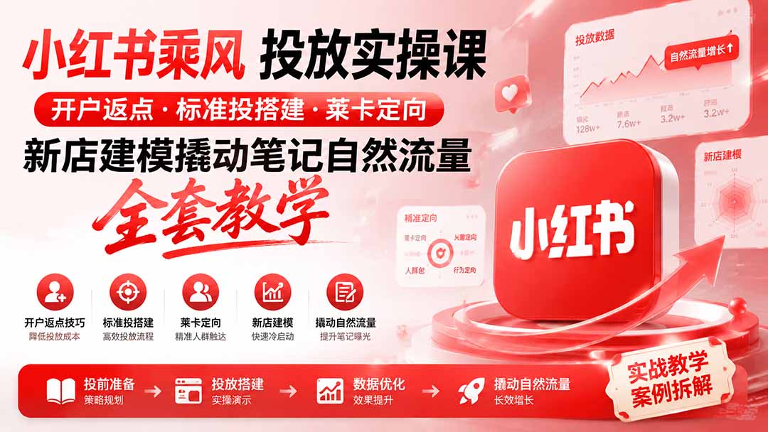 小红书乘风投放-100分钟实操课｜开户返点·标准投搭建·莱卡定向，新店建模撬动笔记自然流量全套教学-程拾网络