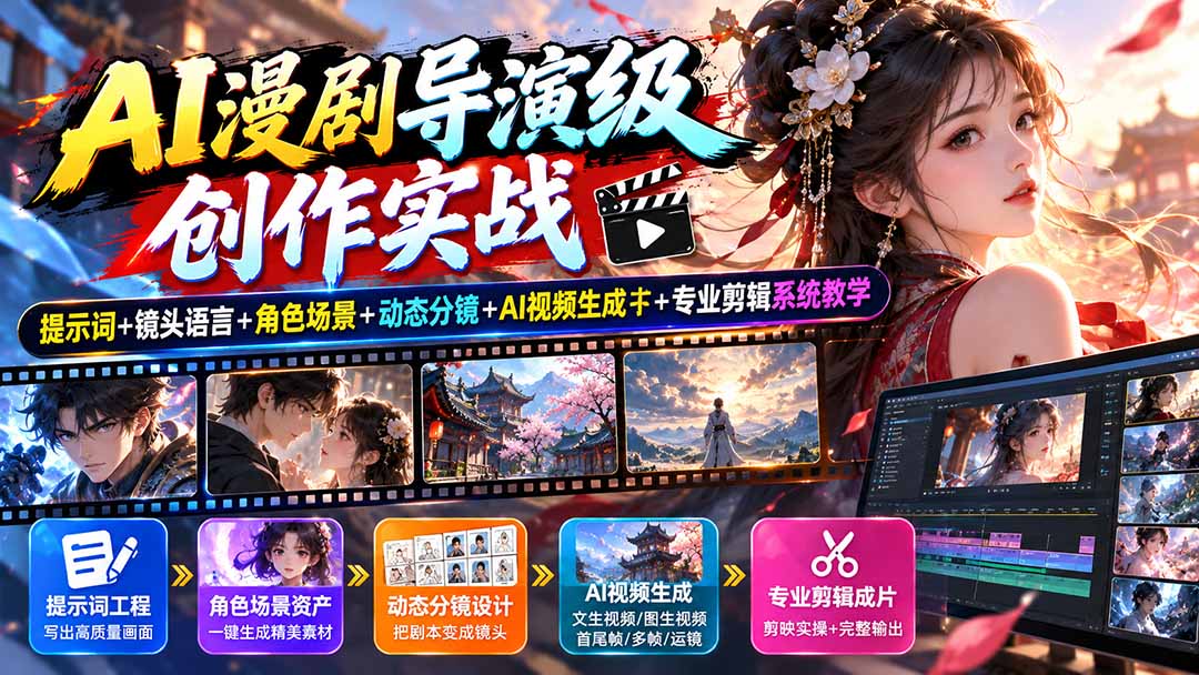 AI漫剧导演级创作实战:提示词+镜头语言+角色场景+动态分镜+AI视频生成+专业剪辑系统教学-程拾网络