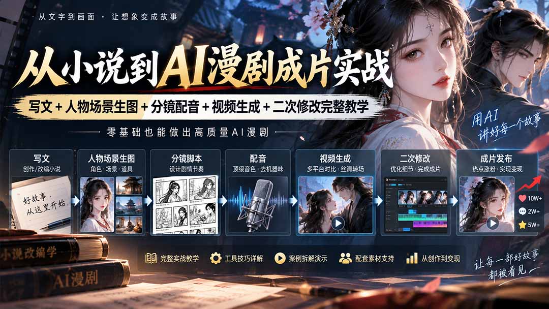从小说到AI漫剧成片实战:写文+人物场景生图+分镜配音+视频生成+二次修改完整教学-程拾网络