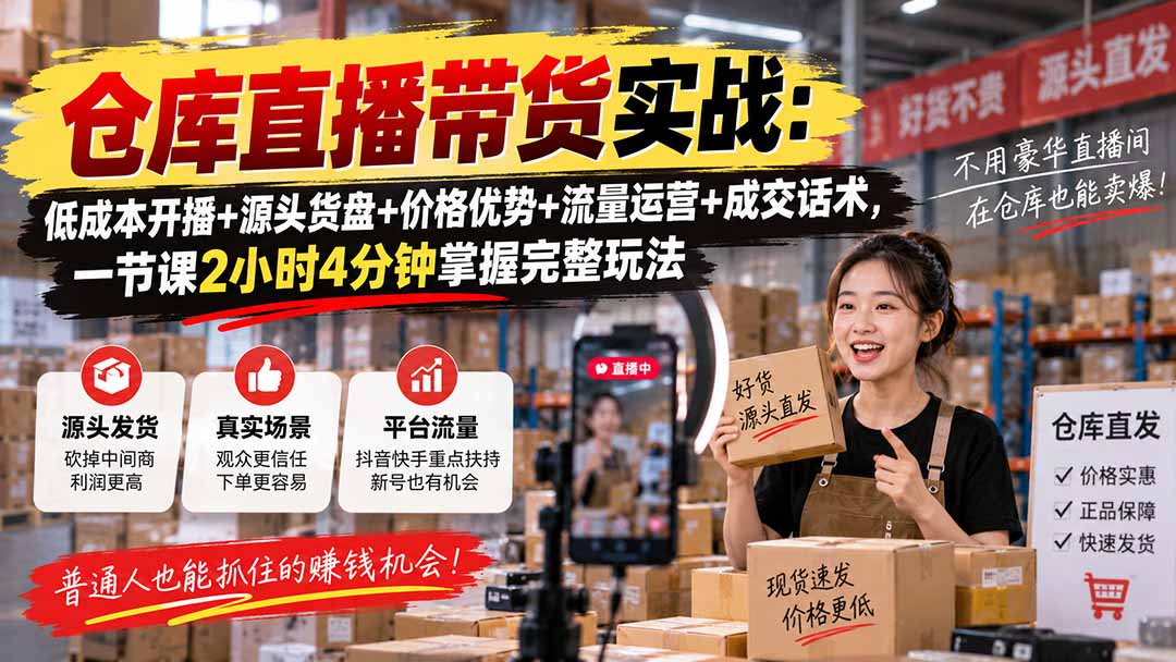 仓库直播带货实战：低成本开播+源头货盘+价格优势+流量运营+成交话术，一节课2小时4分钟掌握完整玩法-程拾网络