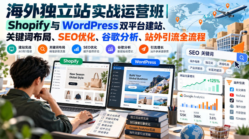 【精】海外独立站实战运营班｜Shopify与WordPress双平台建站、关键词布局、SEO优化、谷歌分析、站外引流全流程-程拾网络
