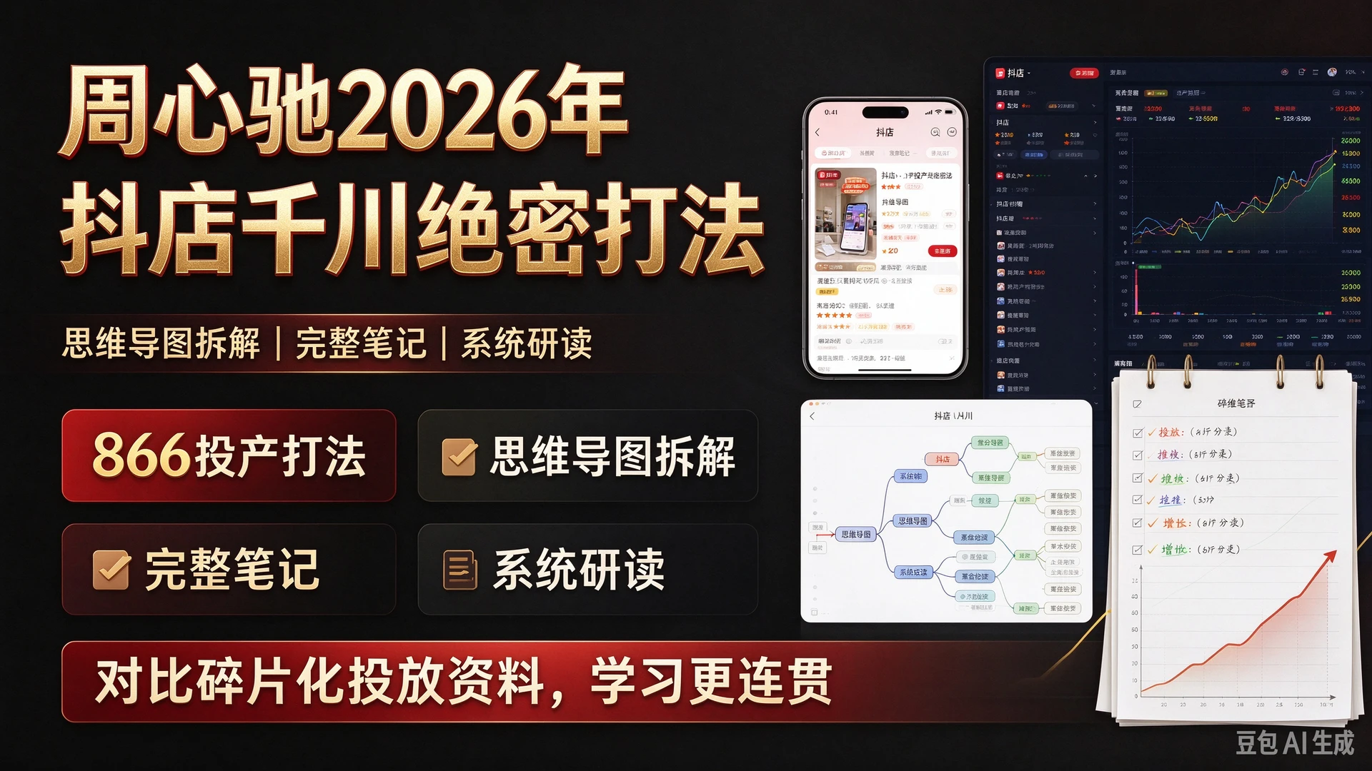 周心驰2026年抖店千川866投产绝密打法,拆解思维导图与完整笔记,对比碎片化投放资料更方便系统研读-程拾网络