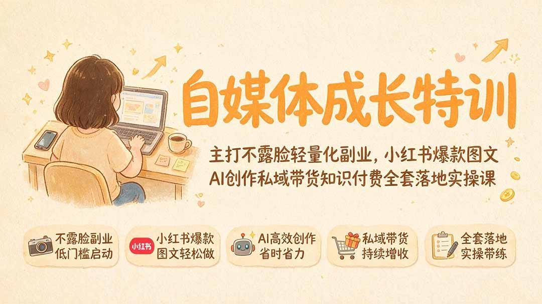 自媒体成长特训｜主打不露脸轻量化副业，小红书爆款图文AI创作私域带货知识付费全套落地实操课-程拾网络