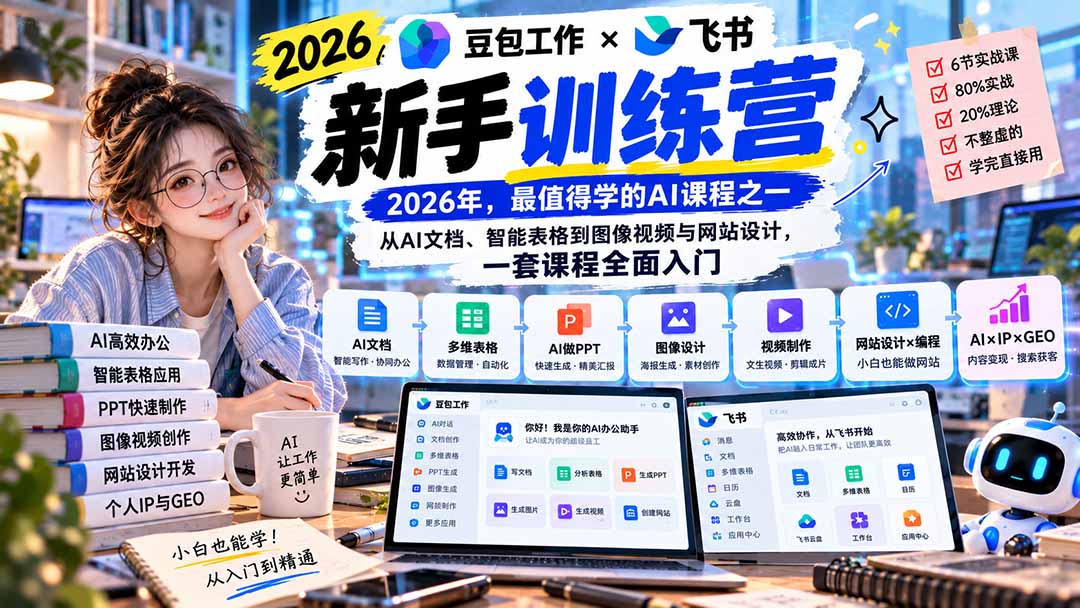 2026豆包工作+飞书新手训练营-9月新课：从AI文档、智能表格到图像视频与网站设计，一套课程全面入门-程拾网络