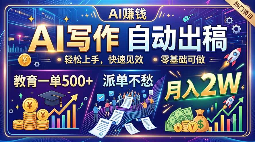 AI写作自动出稿，教育一单500+，派单不愁，月入2W-程拾网络