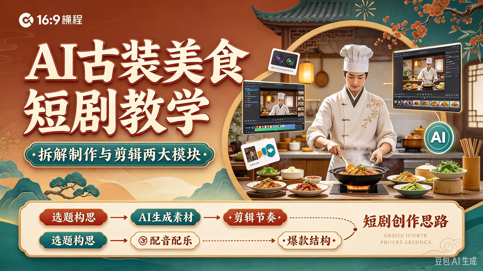 【精】AI古装美食短剧教学,拆解制作与剪辑两大模块,搭配思维导图梳理短剧创作思路-程拾网络