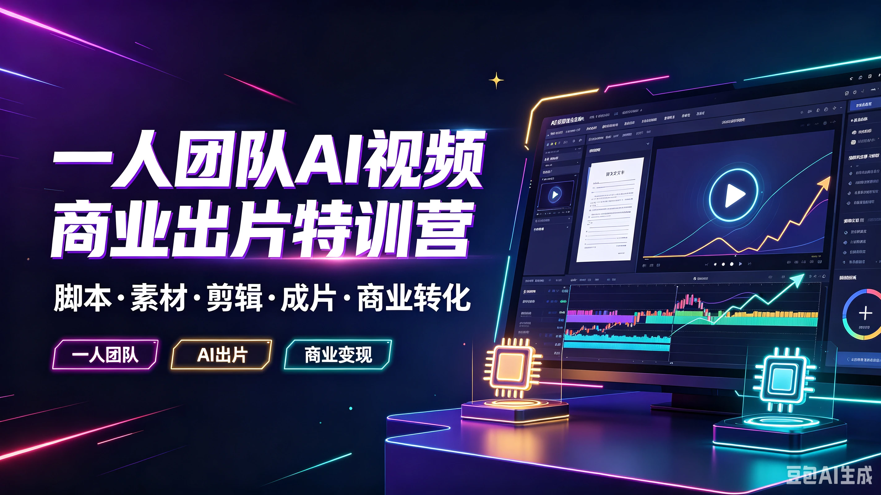【精】一人团队AI视频商业出片特训营，脚本·素材·剪辑·成片·商业转化，一人团队、Al出片、商业变现-程拾网络