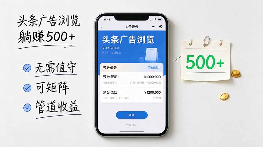 头条广告浏览躺赚500+无需值守,可矩阵并附有管道收益-程拾网络