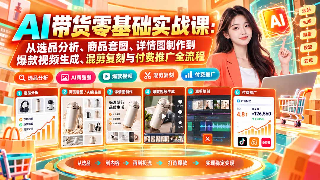 AI带货零基础实战课:从选品分析、商品套图、详情图制作到爆款视频生成、混剪复刻与付费推广全流程-程拾网络