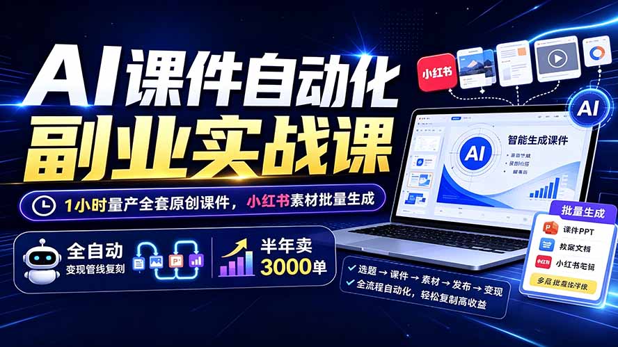 AI课件自动化副业实战课：1小时量产全套原创课件×小红书素材批量生成×全自动变现管线×半年卖3000单-程拾网络