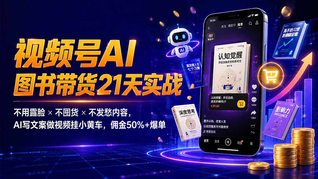 繁花视频号AI图书带货21天实战：不用露脸×不囤货×不发愁内容，AI写文案做视频挂小黄车，佣金50%+爆单-程拾网络