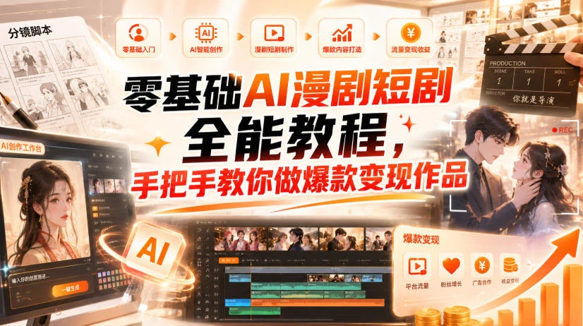 【精】零基础AI漫剧短剧全能教程，从AI智能体搭建、文案脚本分镜、多平台AI生视频、剪映精修，覆盖全题材创作，手把手教你做爆款变现作品-程拾网络
