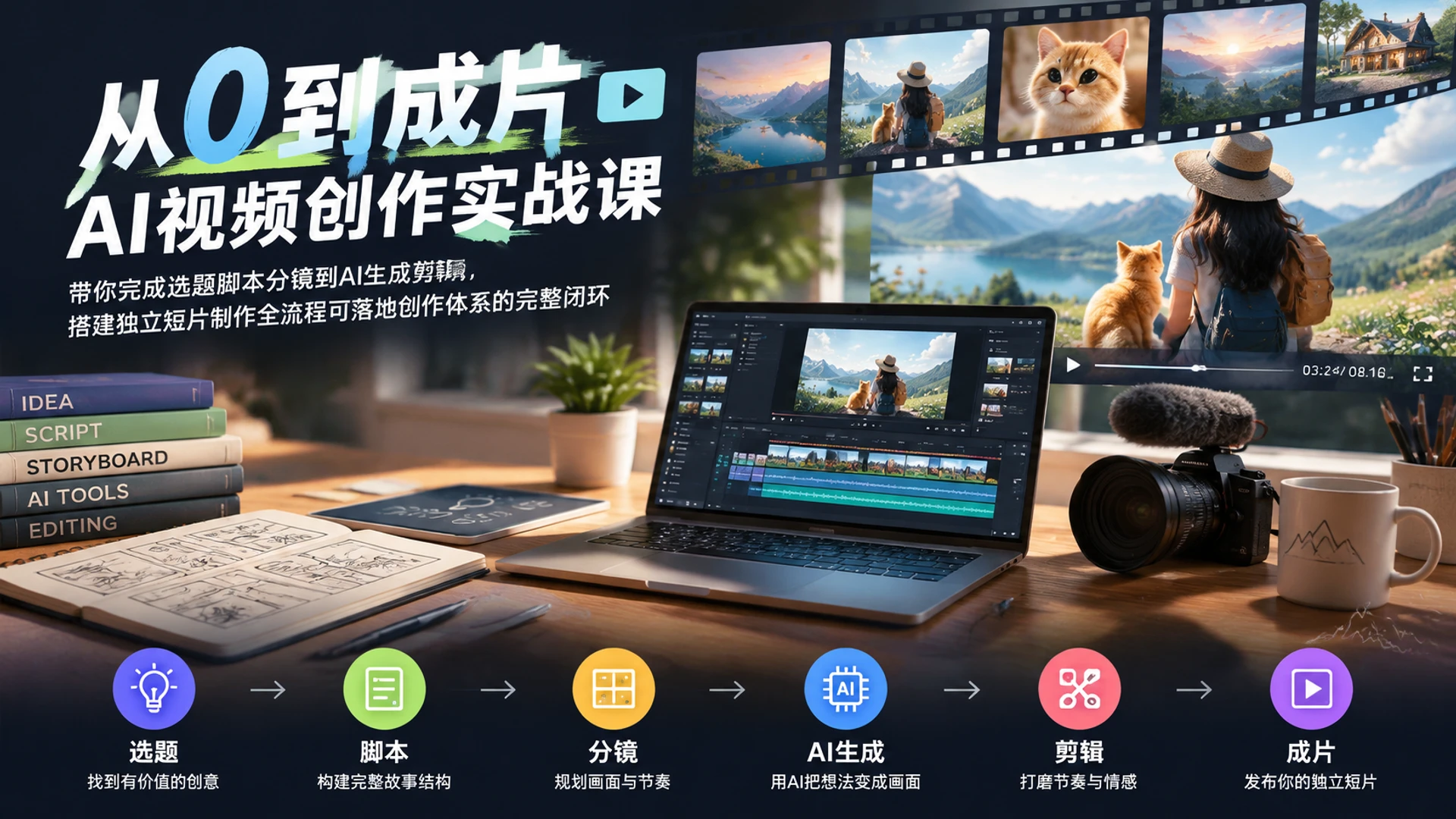 【精】从0到成片・AI视频创作实战课，带你完成选题脚本分镜到AI生成剪辑，搭建独立短片制作全流程可落地创作体系的完整闭环-程拾网络