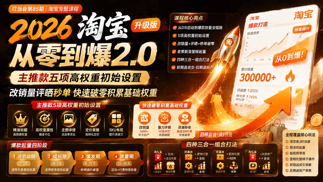 2026淘宝从零到爆2.0第85期；主推款五项高权重初始设置，改销量评晒秒单快速破零积累基础权重-程拾网络
