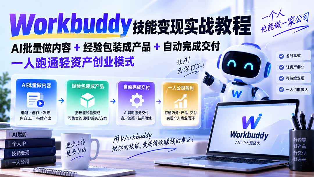 Workbuddy技能变现实战教程：AI批量做内容+经验包装成产品+自动完成交付，一人跑通轻资产创业模式-程拾网络