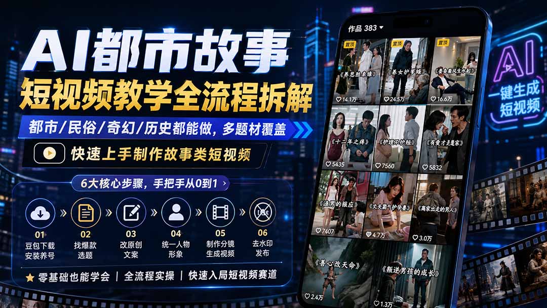 AI都市故事短视频教学全流程拆解；都市/民俗/奇幻/历史都能做多题材覆盖，快速上手制作故事类短视频-程拾网络