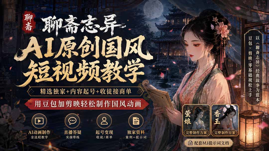 聊斋志异AI原创国风短视频教学-更新；精选独家+内容起号+收徒接商单，用豆包加剪映轻松制作国风动画-程拾网络