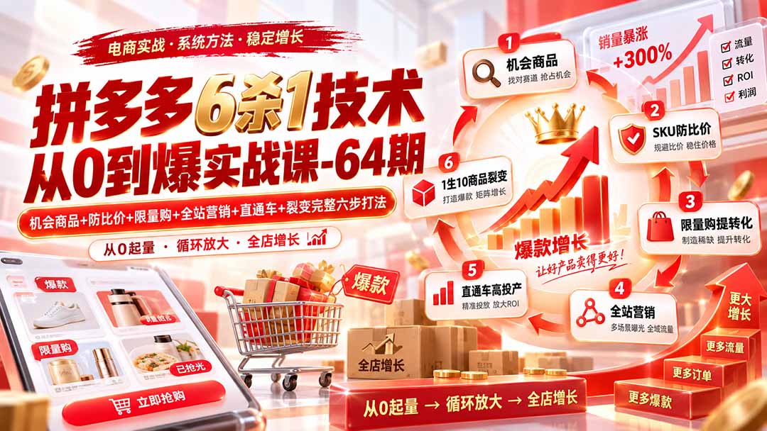 拼多多6杀1技术从0到爆实战课-64期：机会商品+防比价+限量购+全站营销+直通车+裂变完整六步打法-程拾网络