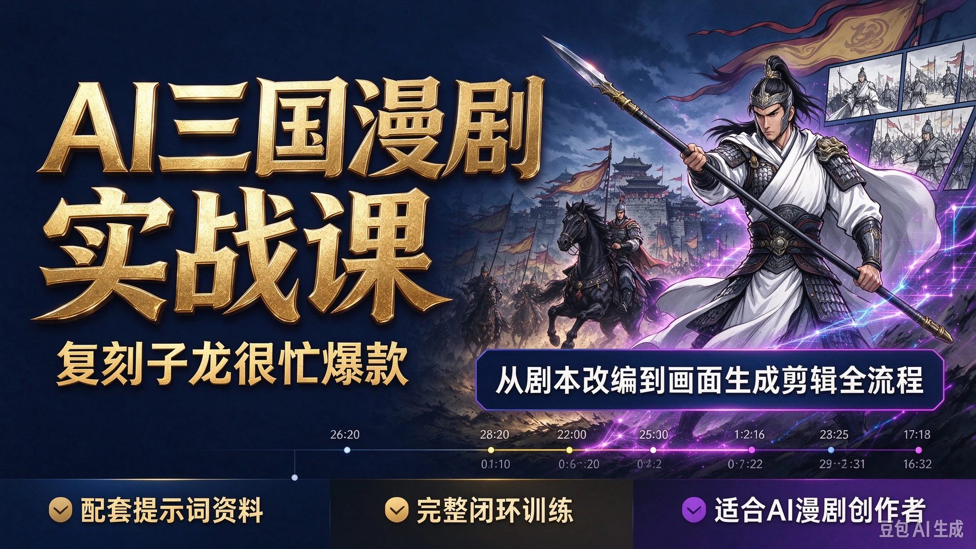 【精】AI三国漫剧实战课复刻子龙很忙爆款,带你掌握漫剧从剧本改编到画面生成剪辑全流程,拿到配套提示词资料,适合想要制作AI漫剧创作者的完整闭环-程拾网络