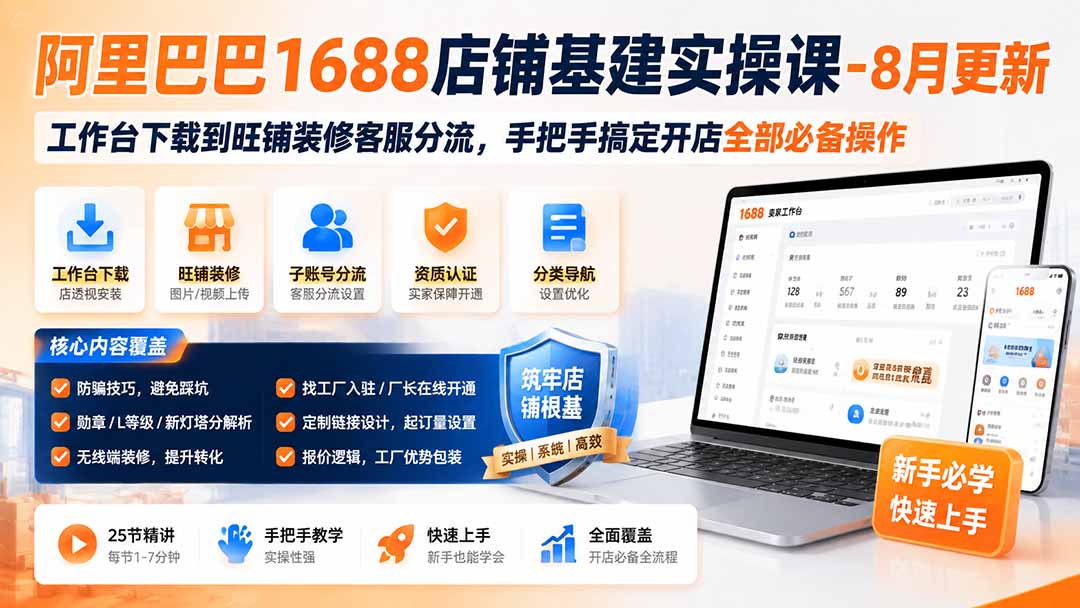 阿里巴巴1688店铺基建实操课-8月更新；工作台下载到旺铺装修客服分流，手把手搞定开店全部必备操作-程拾网络