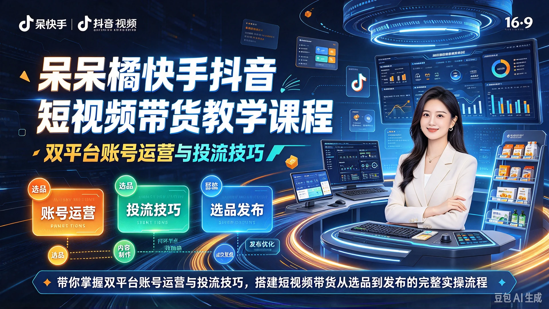 【精】呆呆橘快手抖音短视频带货教学课程，带你掌握双平台账号运营与投流技巧，搭建短视频带货从选品到发布的完整实操流程-程拾网络