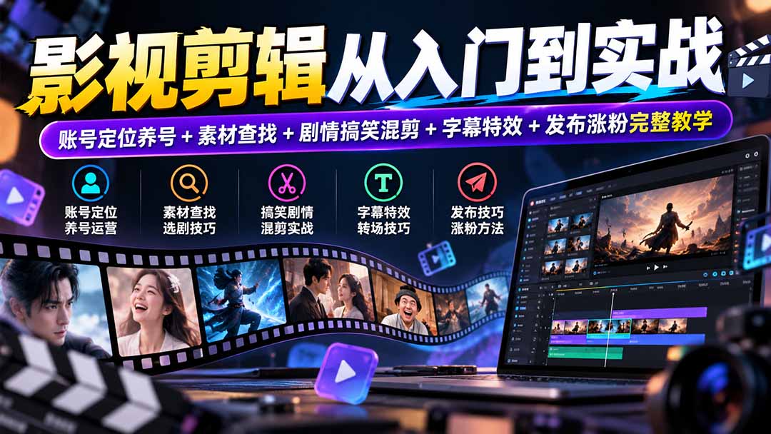 影视剪辑从入门到实战:账号定位养号+素材查找+剧情搞笑混剪+字幕特效+发布涨粉完整教学-程拾网络