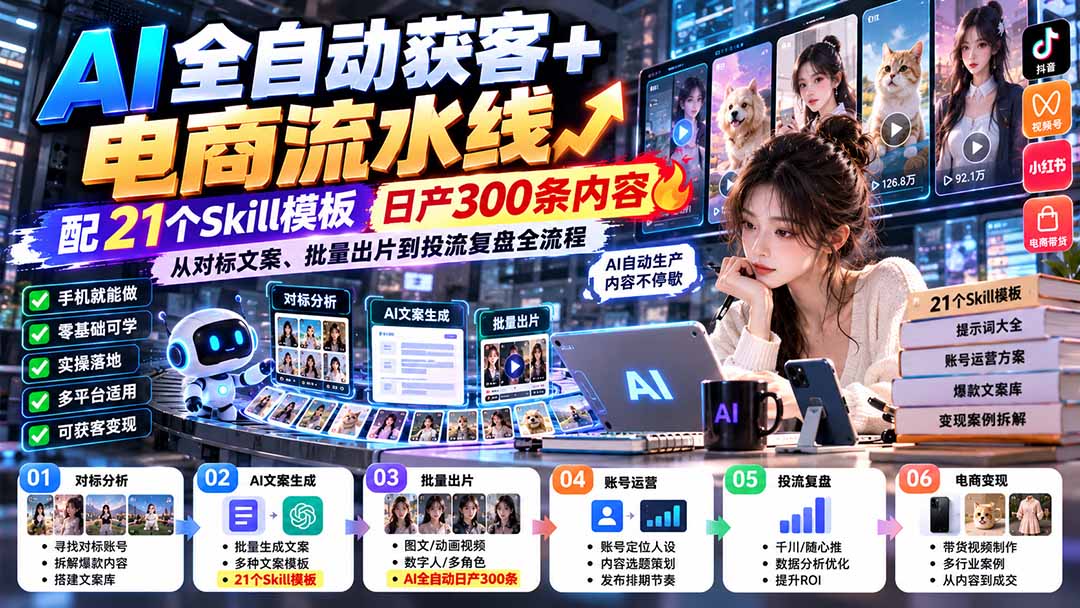 【无水印】AI全自动获客+电商流水线：配21个Skill模板，日产300条内容，从对标文案、批量出片到投流复盘全流程-程拾网络