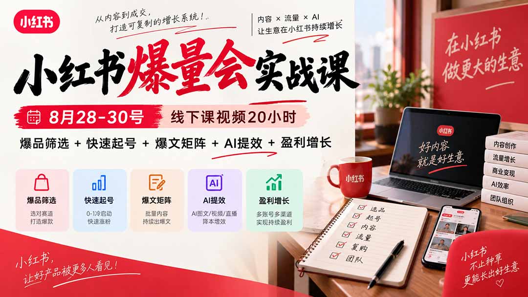 小红书爆量会实战课-更新9月23：线下课视频20小时，爆品筛选+快速起号+爆文矩阵+AI提效+盈利增长-程拾网络