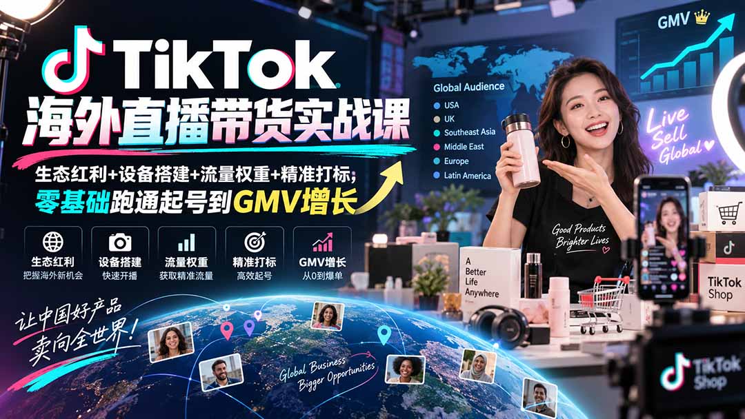 TikTok海外直播带货实战课｜生态红利+设备搭建+流量权重+精准打标，零基础跑通起号到GMV增长-程拾网络