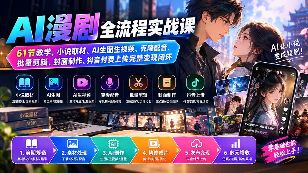 （20199期）AI漫剧全流程实战课｜61节教学，小说取材、AI生图生视频、克隆配音、批量剪辑、封面制作、抖音付费上传完整变现闭环-程拾网络