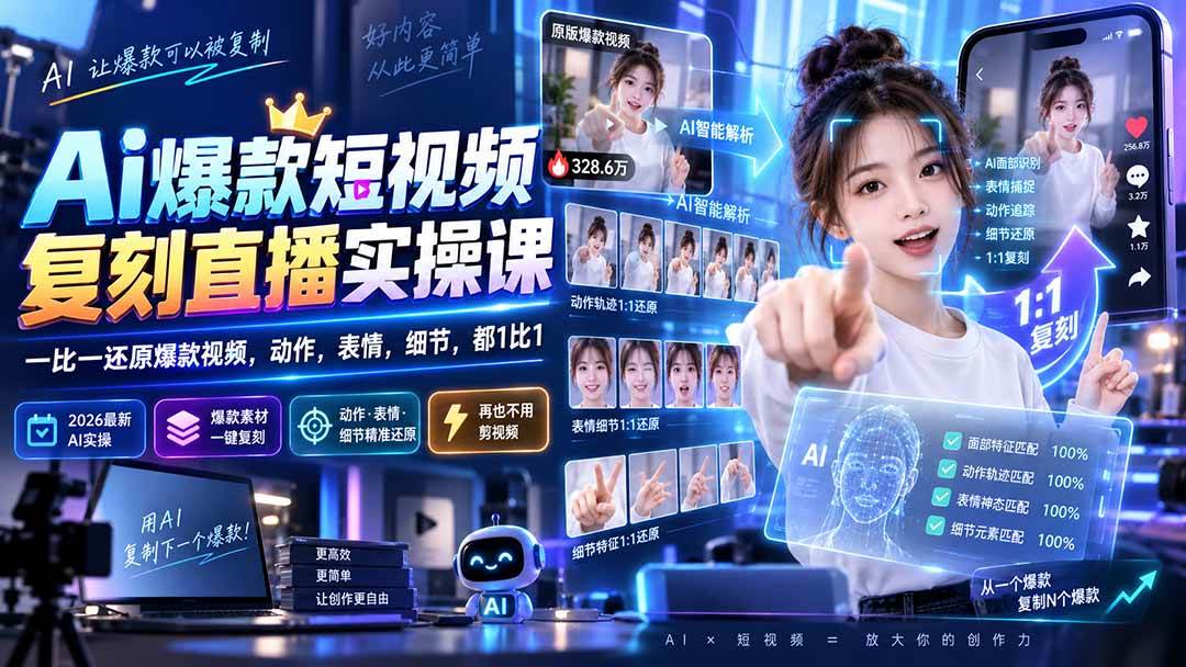 （20304期）最新Ai爆款短视频复刻直播实操课，一比一还原爆款视频，动作，表情，细节，都1比1-程拾网络