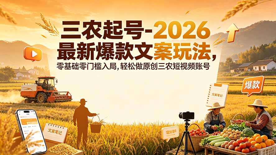【精】三农起号-2026 最新爆款文案玩法，零基础零门槛入局，轻松做原创三农短视频账号-程拾网络