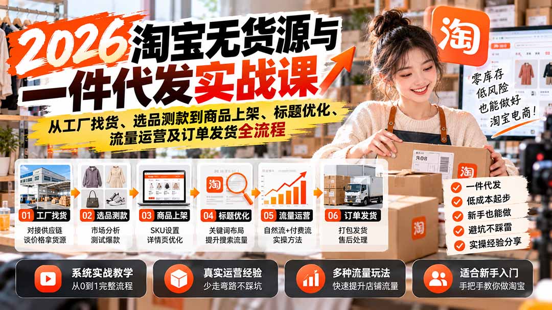 2026淘宝无货源与一件代发实战课:从工厂找货、选品测款到商品上架、标题优化、流量运营及订单发货全流程-程拾网络