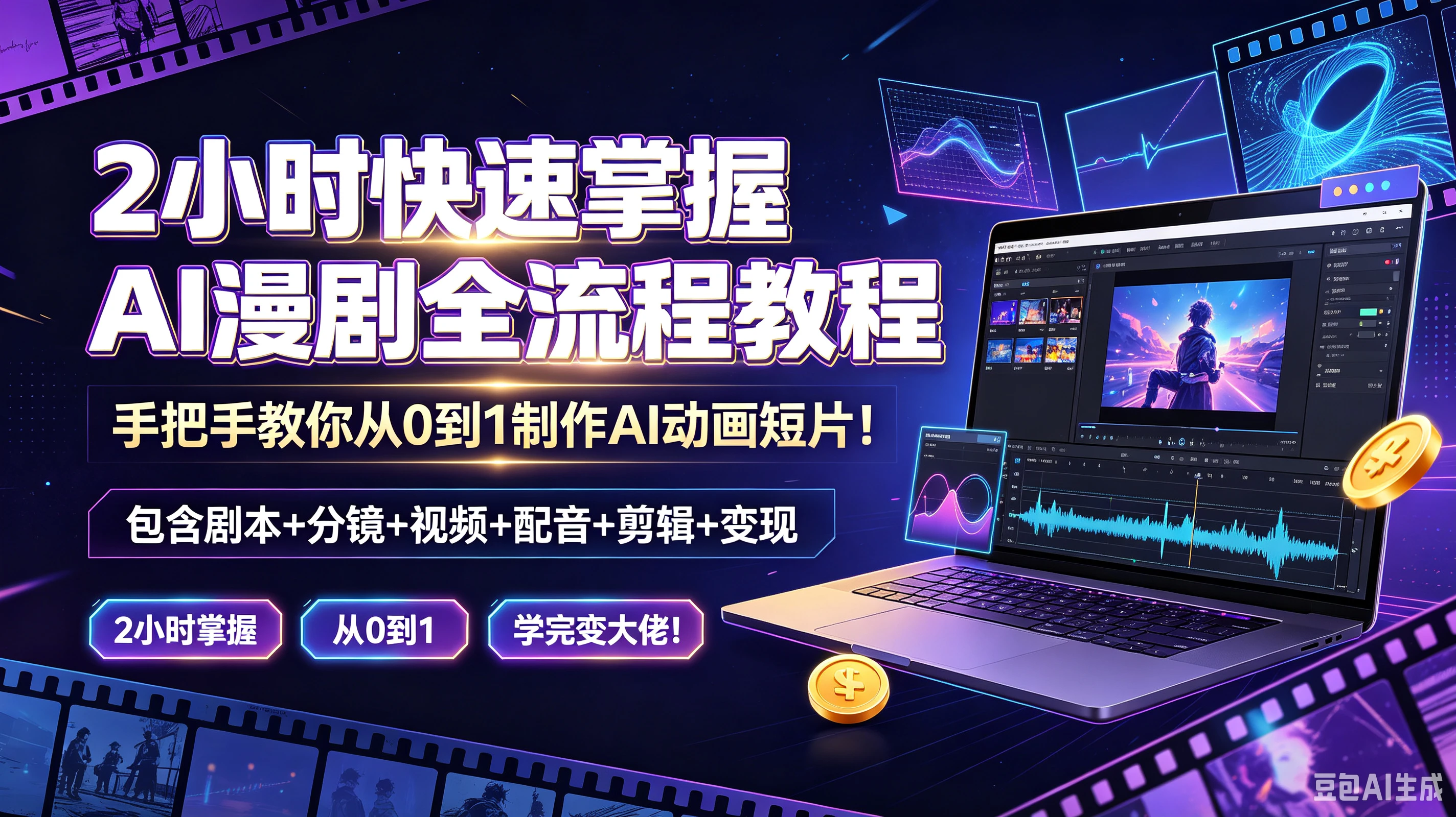 【精】2小时快速掌握AI漫剧全流程教程，手把手教你从0到1制作A动画短片！包含剧本+分镜+视频+配音+剪辑+变现，2小时掌握、从0到1、学完变大佬！-程拾网络