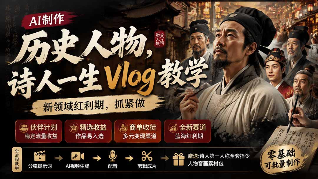 历史人物,诗人一生Vlog教学, AI制作丨伙伴计划丨精选收益丨商单收徒 ,新领域红利期,抓紧做-程拾网络