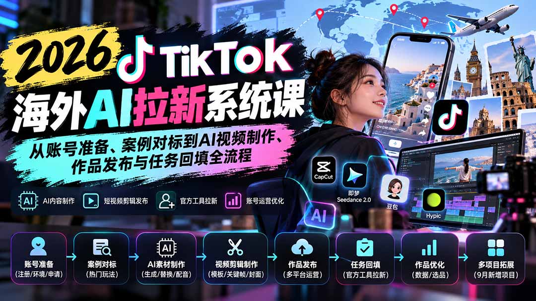 【无水印】2026 TikTok海外AI拉新系统课：从账号准备、案例对标到AI视频制作、作品发布与任务回填全流程-程拾网络