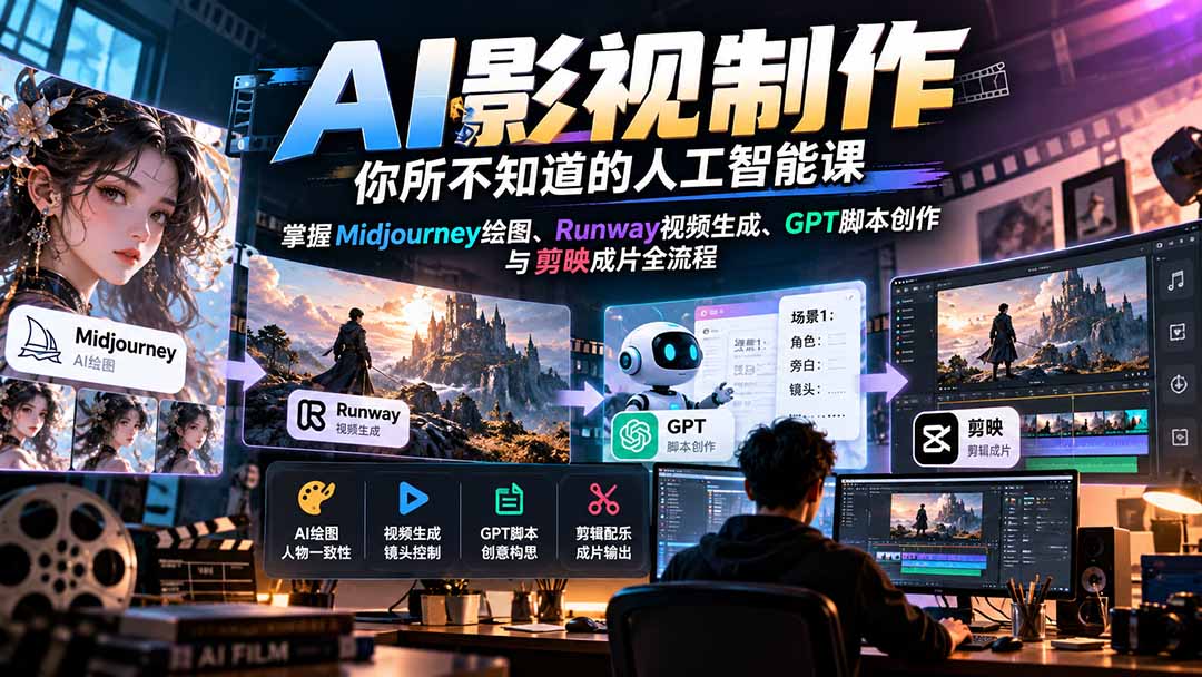 【无水印】AI影视制作-你所不知道的人工智能课,掌握Midjourney绘图、Runway视频生成、GPT脚本创作与剪映成片全流程-程拾网络