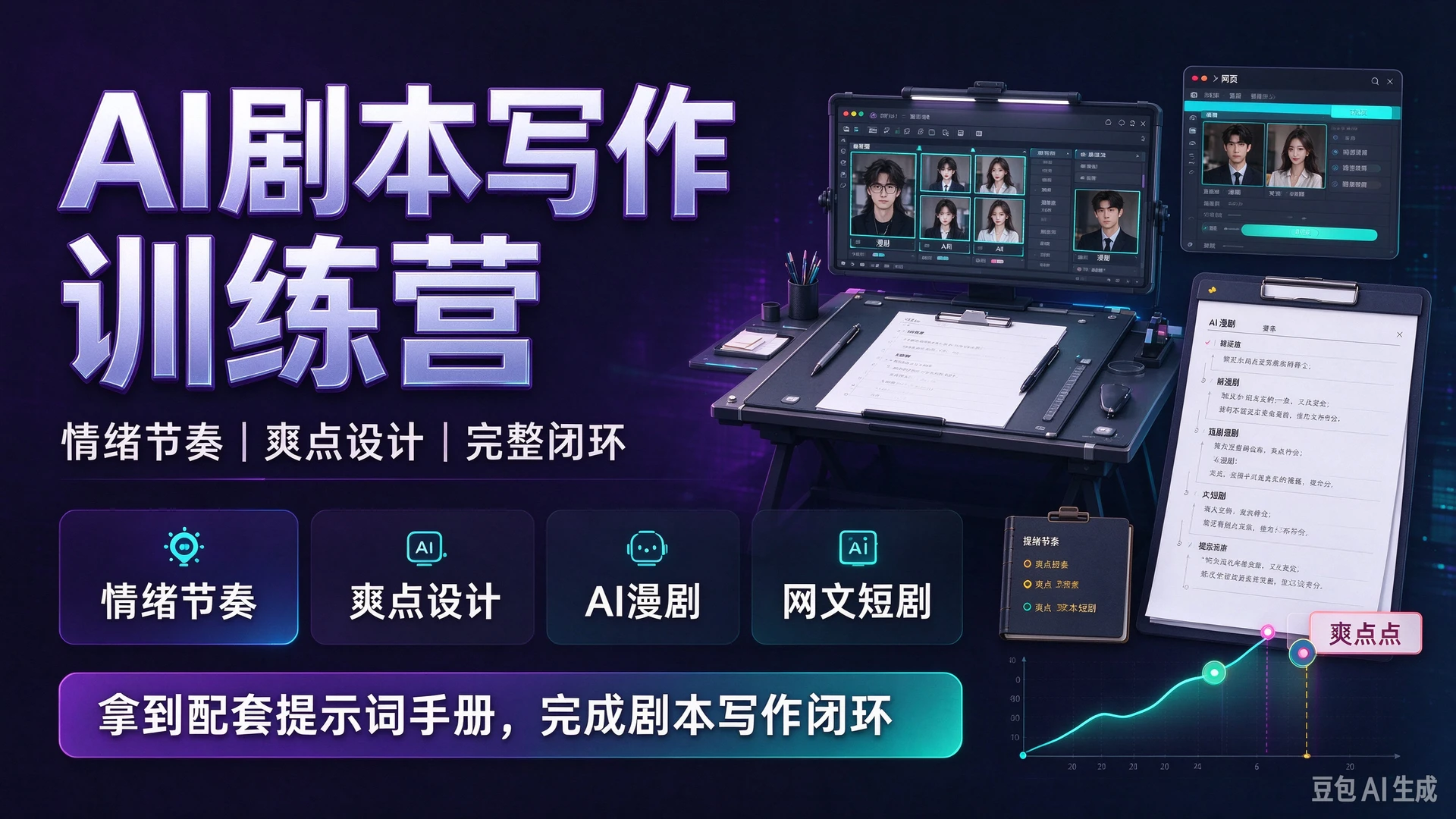 【精】AI剧本写作训练营，带你学习剧本情绪节奏与爽点设计，掌握AI漫剧、网文与短剧创作方法，拿到配套提示词手册完成剧本写作闭环-程拾网络