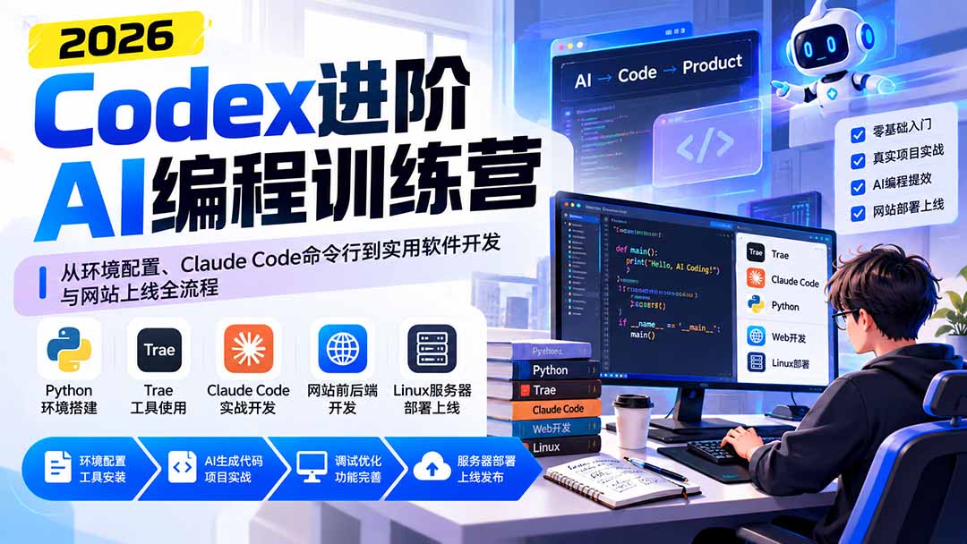 Codex进阶AI编程训练营:从环境配置、Claude Code命令行到实用软件开发与网站上线全流程-程拾网络