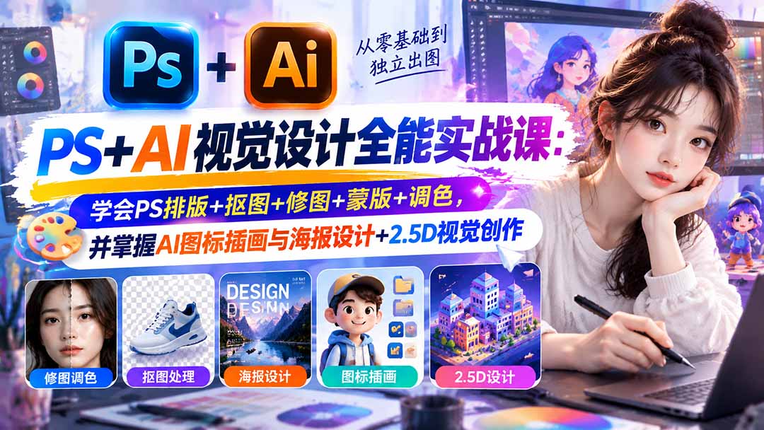 【无水印】PS+AI视觉设计全能实战课:学会PS排版+抠图+修图+蒙版+调色,并掌握AI图标插画与海报设计+2.5D视觉创作-程拾网络
