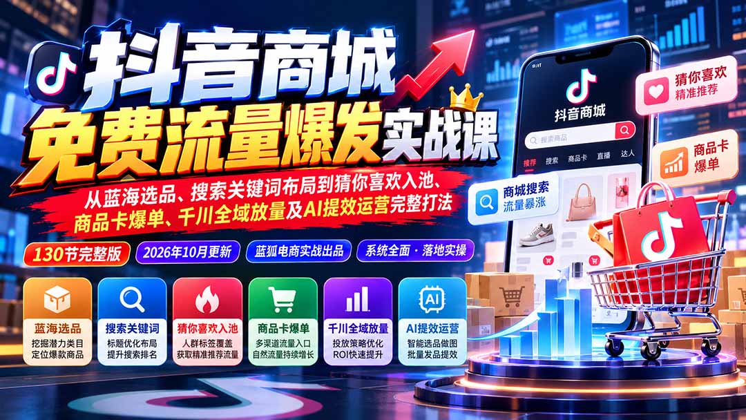 抖音商城免费流量爆发实战:从蓝海选品、搜索关键词布局到猜你喜欢入池、商品卡爆单、千川全域放量及AI提效完整打法-程拾网络