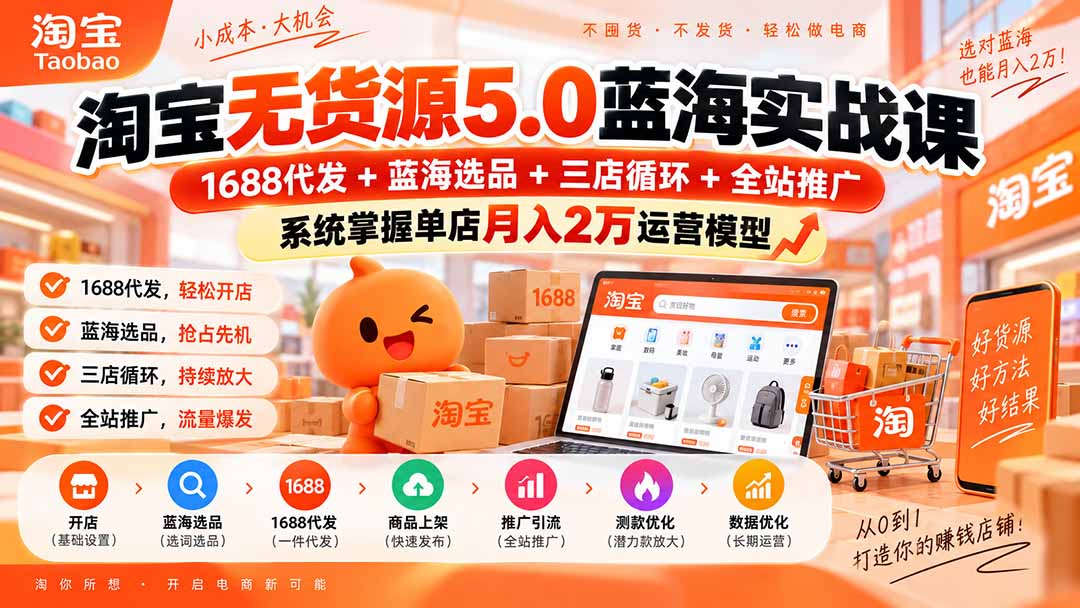 淘宝无货源5.0蓝海实战课-更新：1688代发+蓝海选品+三店循环+全站推广，系统掌握单店月入2万运营模型-程拾网络
