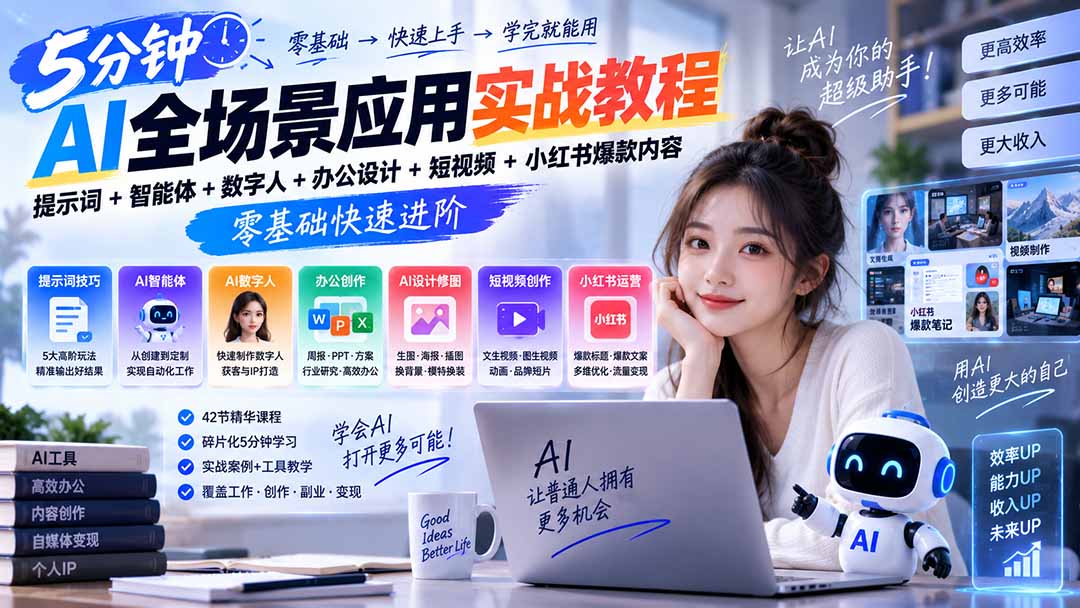 AI全场景应用实战教程｜提示词+智能体+数字人+办公设计+短视频+小红书爆款内容，零基础快速进阶-程拾网络