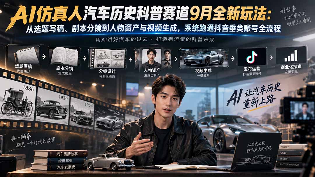 AI仿真人汽车历史科普赛道9月全新玩法：从选题写稿、剧本分镜到人物资产与视频生成，系统跑通抖音垂类账号全流程-程拾网络
