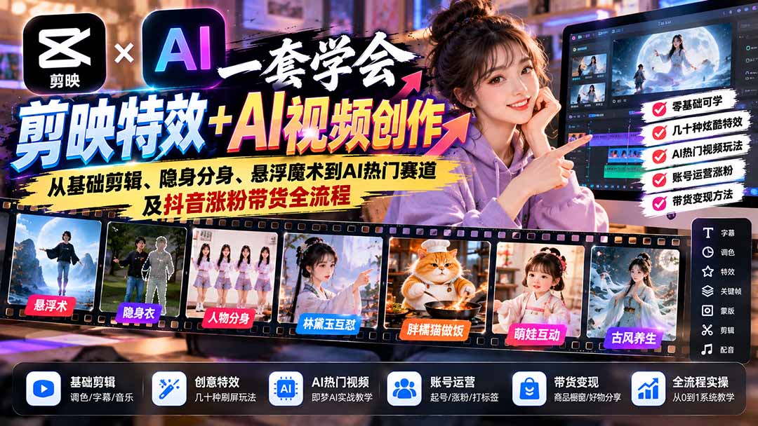 一套学会剪映特效+AI视频创作:从基础剪辑、隐身分身、悬浮魔术到AI热门赛道及抖音涨粉带货全流程-程拾网络