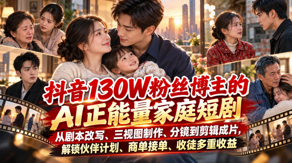 【精】抖音130W粉丝博主的AI正能量家庭短剧，从剧本改写、三视图制作、分镜到剪辑成片，解锁伙伴计划、商单接单、收徒多重收益-程拾网络