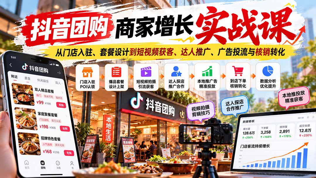 抖音团购商家增长实战课:从门店入驻、套餐设计到短视频获客、达人推广、广告投流与核销转化-程拾网络