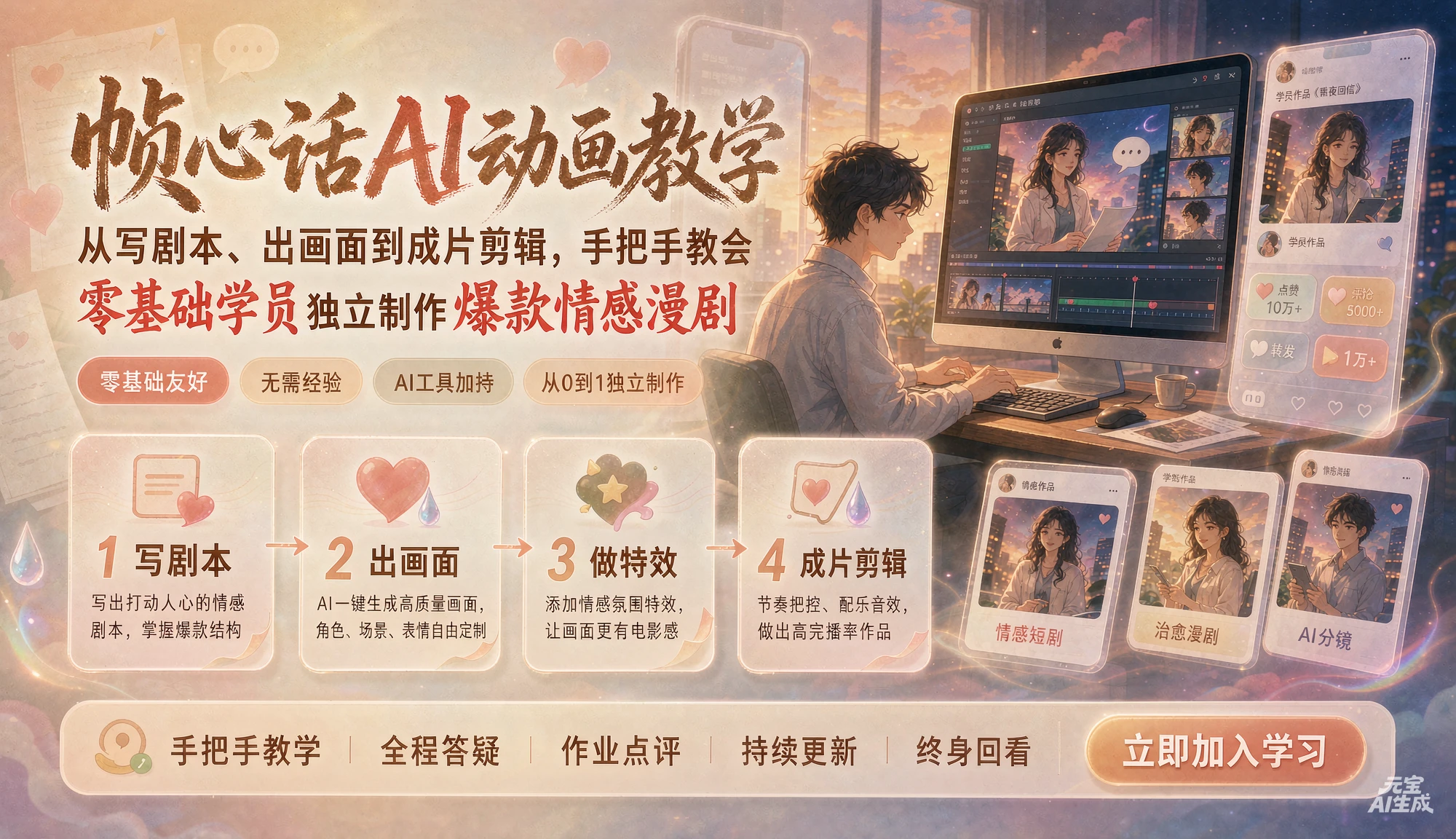 【精】帧心话AI动画教学｜从写剧本、出画面到成片剪辑，手把手教会零基础学员独立制作爆款情感漫剧-程拾网络